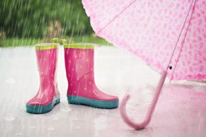photo of rain boots using an umbrella as a frame to direct the viewers attention to them.