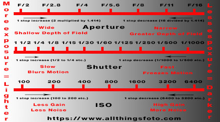Image of primary exposure settings to use in combination with each other depending on light quality and what each one does when changed in increments.