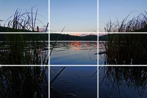 Sunset over Mohun Lake on Vancouver Island with the rule of thirds grid overlaid showing how the rule is applied