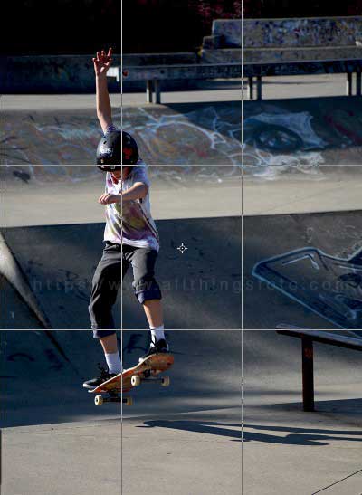 image of my nephew Ben skateboarding with rule of thirds grid overlay.